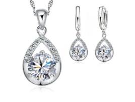 Conjunto 925 Banho de Prata Esterlina Colar Pingente e Brincos Gota e Zircnia Hipoalergnico BIGSALES