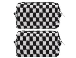 Bolsa de Cosméticos Xadrez Grande Capacidade e 1 Bolsa de Pincéis de Maquiagem JYANN Preto e Branco