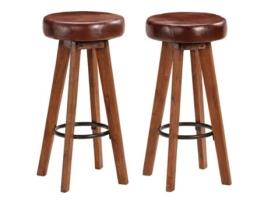 Conjunto de 2 Bancos de Bar de Cozinha Madeira Maciça de Acácia Couro Autêntico 1202112 MOBIKASA