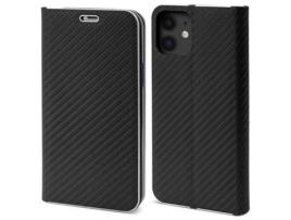 Capa Tipo Carteira MOOZY para Iphone 12 Iphone 12 Pro Carbono Preto – Proteção de Borda Metálica com Fecho Magnético e Suporte para Cartão