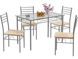 Conjunto de Mesa de Jantar e Cadeiras 1 Mesa de Vidro Retangular e 4 Cadeiras Mesa de Cozinha com Cadeiras Estrutura de Metal Cozinha COSTWAY