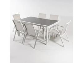 Conjunto de Mesas e Cadeiras de Exterior Mesa Extensível de Vidro Alumínio e Têxteis Branco Mesa: 160X105X75 Cadeiras: 90X66X56 EDENJARDIN