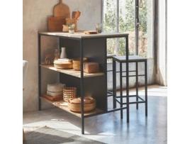 Mesa Alta de Madeira e Metal 2 Prateleiras 2 Bancos Natural SWEEEK
