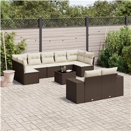 vidaXL 10 pcs conj. sofás jardim com almofadões vime PE castanho