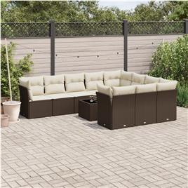 vidaXL 11 pcs conjunto sofás de jardim c/ almofadões vime PE castanho