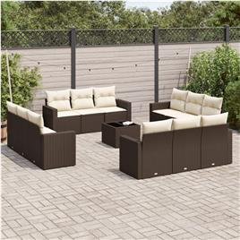 vidaXL 13 pcs conjunto sofás p/ jardim c/ almofadões vime PE castanho
