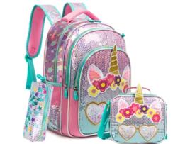 Conjunto FEGAR 2 de Mochila Escolar Bikab-Girl Unicórnio 3 Peças À Prova D'Água com Lantejoulas