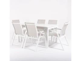 Conjunto de Mesas e Cadeiras Poltronas Empilháveis Textilene Bege Alumínio e Textileno Branco Mesa:152X90X75 Cadeira:90X66X56 EDENJARDIN