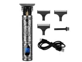Kit de Barbeador Sem Fio para Aparador de Cabelo Masculino Visor de Led Recarregável Prata com 3 Pentes Guia