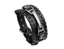 Pulseira Masculina de Couro MECOOL Larga Trançada Pulseira Ajustável Punk Rock Manguito-Preta