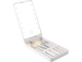 Espelho de Maquiagem Portátil com 5 Pincéis de Maquiagem Caixa de Armazenamento de Viagem Led Espelho de Maquiagem Recarregável Branco BISBISOUS
