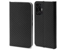Capa Carteira MOOZY para Xiaomi 11T e 11T Pro Capa Flip em Carbono Preto com Design de Borda Metálica e Fecho Magnético com Suporte para Cartão E