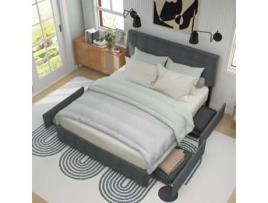 Cama de Casal com Cabeceira e Gavetas Estofada Ripas Armazenamento Altura Design Costura ARHATREYA Linho Cinzento (112x146x210cm)