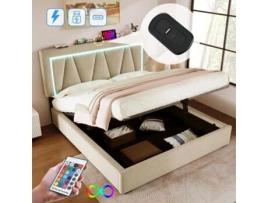 Cama de Casal Estofada Led Função Carregamento Usb Tipo ARHATREYA Linho Bege (160x200)