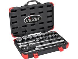 Conjunto de soquetes VIGOR V2318N Quadrado oco 3/4 polegada 20 mm Perfil hexagonal externo 19 - 50 Número de ferramentas: 21