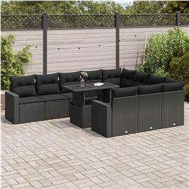 vidaXL 11 pcs conjunto sofás de jardim c/ almofadões vime PE preto