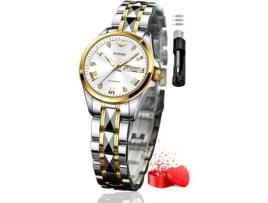 VEANXIN Relógio Feminino de Cristal de Safira com Diamante Mecânico de Aço de Tungstênio À Prova D'Águaouro Prata
