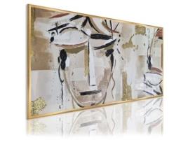 Quadro Pintado À Mão Abstrato 140X70 Cm Rostos Picasso Marrom Quadros Modernos a Óleo com Moldura Dourada. DEKOARTE