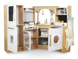 Cozinha Infantil em Madeira Fogão Interativo Iluminação Led Máquina de Café e Acessórios Trem de Panelas Legumes e Fruta 50 Peças MAMABRUM