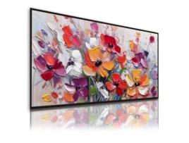Quadro Pintado À Mão Natureza 140X70 Cm Explosão Floral Quadros Modernos a Óleo com Moldura Cor Preta DEKOARTE