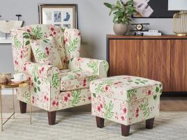 Poltrona com alas e apoio para os pés em tecido creme com motivos florais HAMAR