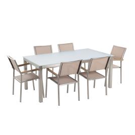 Conjunto de mesa com tampo em vidro branco 180 x 90 cm e 6 cadeiras creme GROSSETO