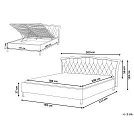 Cama de casal em tecido cinzento estilo chesterfield com arrumação e estrado de ripas 180 x 200 cm METZ