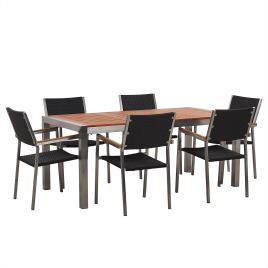 Conjunto de mesa com tampo em madeira de eucalipto 180 x 90 cm e 6 cadeiras rattan sintético preto GROSSETO