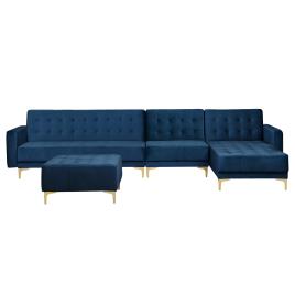 Sofá-cama de canto à esquerda com 5 lugares e repousa-pés em veludo azul escuro ABERDEEN