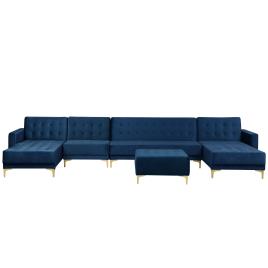 Sofá-cama XXL de 6 lugares com repousa-pés em veludo azul escuro ABERDEEN