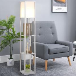 HOMCOM Lâmpada de assoalho de madeira com 3 prateleiras para sala de estar potência máxima do bulbo E27 40W 26x26x160 cm branco