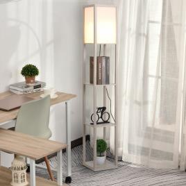 HOMCOM Candeeiro de Pé de Madeira com 3 Prateleiras De Armazenamento para Lâmpada E27 Potência Máx. 40W Candeeiro Moderno para Sala de Estar Dormitório 26x26x160cm Carvalho e Branco