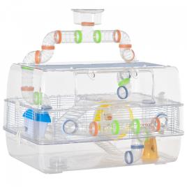 PawHut Gaiola para Hamster Gaiola para Roedores Pequenos de 3 Pisos com Escadas Comedouro Bebedouro Roda Tubos e Acessórios Incluidos 70x45x44cm Transparente