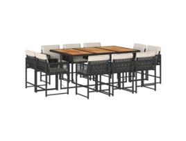 Conjunto 11 de jantar p/ jardim c/ almofadões VIDAXL vime PE preto
