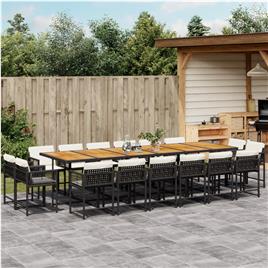 vidaXL 17 pcs conjunto de jantar p/ jardim c/ almofadões vime PE preto