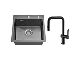 Pia de Cozinha 45X45X19 Cm com Misturadora Giratória 360 1 Tigela Pia Inox Preta Encastrada AURALUM MAX