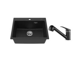 Pia de Pedra de Quartzo Preta 55X45X20Cm com Torneira de Cozinha com Spray Extraível Conjunto de Drenagem AURALUM MAX