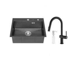 Lavatório 55X45X18 5Cm em Inox com Torneira de Cozinha Spray Extraível Dispensador de Sabão e Sistema de Drenagem AURALUM MAX
