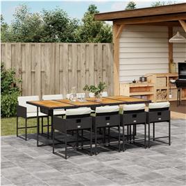 vidaXL 9 pcs conjunto de jantar p/ jardim c/ almofadões vime PE preto