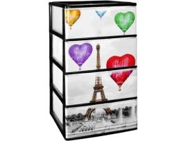 Gaveteiro Empilhável de Plástico - Modelo Iris - (380 x 370 x 626 mm) Modelo de 4 Gavetas com Decoração Paris TODO HOGAR