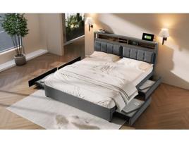 Cama de Casal com Cabeceira e Gavetas Estofada Tomada Usb-C Regulável JUMUA (94x143x204cm)