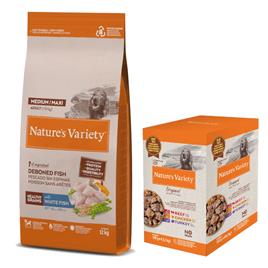 Nature's Variety ração + 4x150 g / 4x300 g comida húmida para cães grátis! - Healthy Grains Medium/Maxi Adult peixe (12kg) + Pack misto: Vitela, frango, peru (4 x 300 g)