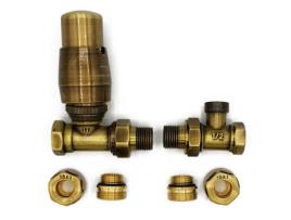 Versão Reta com Conectores de Cobre (Cu) de Válvula Termostática Lockshield Elegante em Latão Antigo - Conjunto de Radiador