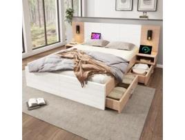 Cama de Casal com Cabeceira e Gavetas Sistema Luz Leitura Função Carregamento Usb EHSTMIND Madeira Branco (100x100x50cm)