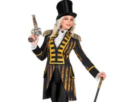 Elegante traje ou fraque dourado de Steampunk para mulher