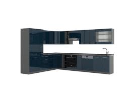 Cozinha de canto Fame-Line, 257 x 60 cm sem bancada, Azul escuro brilhante/Antracite, VICCO