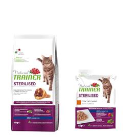 Natural Trainer Adult 10 kg + 12 x 85 g comida húmida a preço especial! - 10 kg Sterilised com presunto cru + 12 x 85 g Sterilised peru