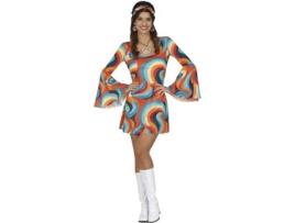 Fato multicolor cheio de curvas dos anos 70 para mulher