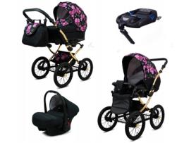 Carrinho de Bebé Multifuncional BABYLUX MARGARET GOLD 4 Em 1 -Bouquets Peony On Black - Ajustável e dobrável Construção leve em alumínio - Acessórios