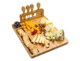 Tábua de Queijo de Bambu e Conjunto de Facas 35 x 28 cm – Tábua de Corte de Queijo de Madeira, Tabuleiro de Servir, Tábua de Charcutaria Conjunto de 4 Facas
